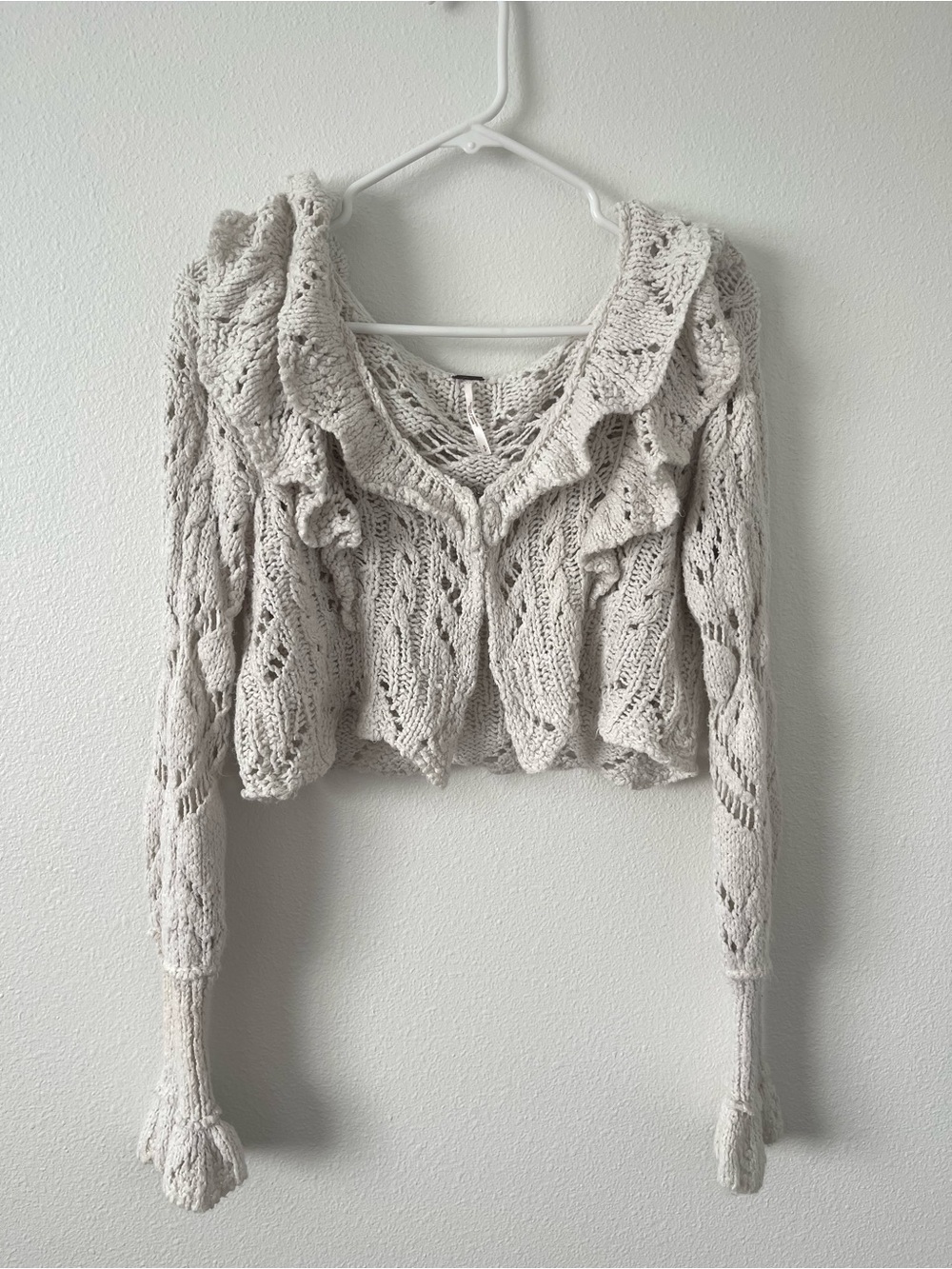 Free People Cream Open-Knit Ruffle Cardigan